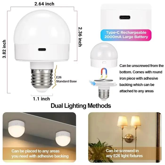 Ampoule intelligente LED Rechargeable E27 avec contrôle USB, température de couleur, 15 niveaux de luminosité, fonction minuterie RGB et télécommande