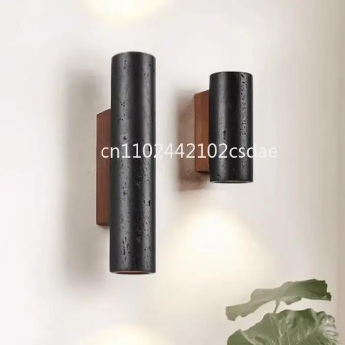 Applique murale en pierre naturelle travertin noire, avec ampoule E27, pour chambre à coucher, salon, couloir