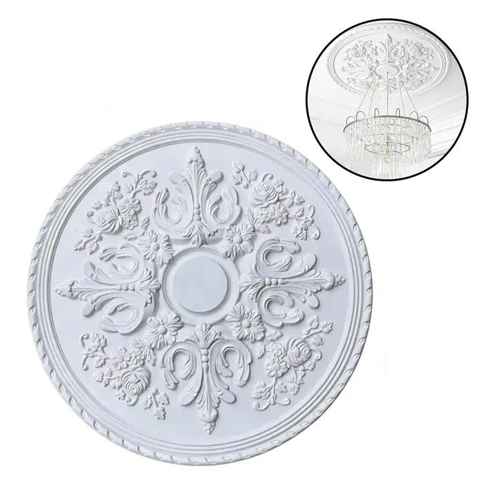 Médaillon de plafond sculpté floral de 60 cm, plaque de base de lampe ronde en PU blanc pour l'installation de lustres, kit de décoration pour salon et chambre à coucher