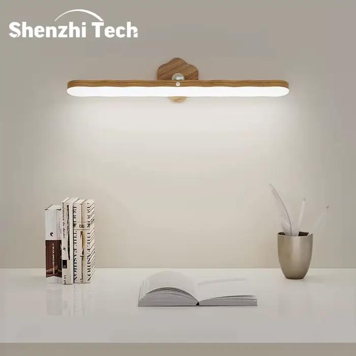 Lampe murale magnétique rotative, sans perçage 360° ° Lampe de chevet rotative, lampe de lecture LED à effet bois, blanc chaud/blanc froid