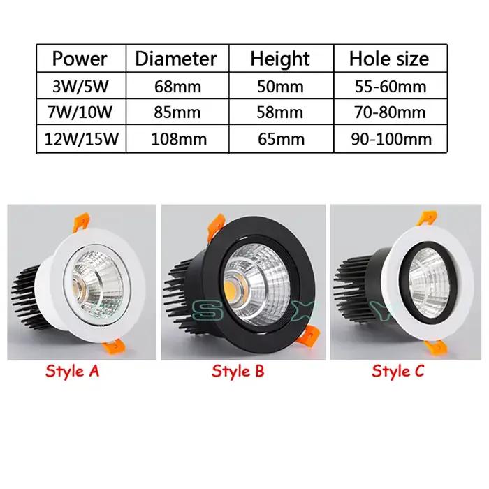 LED Spot plafonnier AC85-265V 3W 5W 7W 12W 15W aluminium encastré COB Downlights rond panneau LED éclairage intérieur