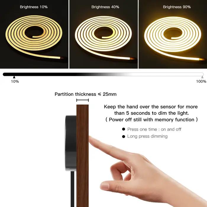 Bande lumineuse LED néon à tube noir, lampe à ruban COB en silicone flexible, contrôle tactile, lumière à intensité variable pour la décoration intérieure, la chambre, 24V