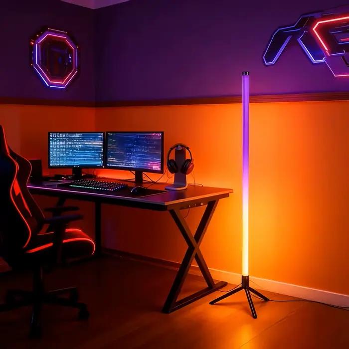 Lampe d'angle de sol RGB pour gaming avec corps en plastique et support trépied, lumière d'ambiance LED, synchronisation musicale via application, lampe sur pied à changement de couleur rythmique dyna