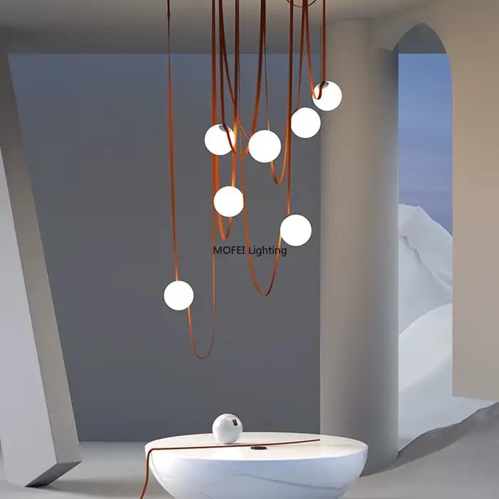 Lustre en cuir nordique, ceinture en cuir italien, escalier duplex, salon, hôtel, restaurant, décoration, lampes LED, luminaires suspendus