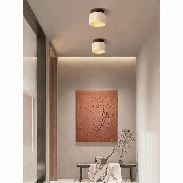 Plafonnier LED en travertin noir, luminaire rond en bois de style japonais pour salon, couloir, véranda, balcon, lumière en bois
