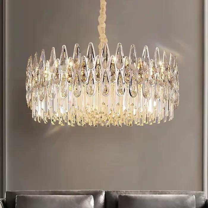 Lustre moderne de luxe léger en cristal pour salon, escalier de duplex et villa, avec poteau creux