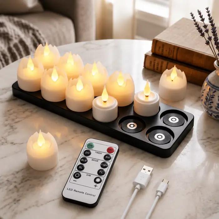 Bougies LED sans flamme magnétiques rechargeables avec base de charge, télécommande, minuterie, intensité réglable, décorations de table