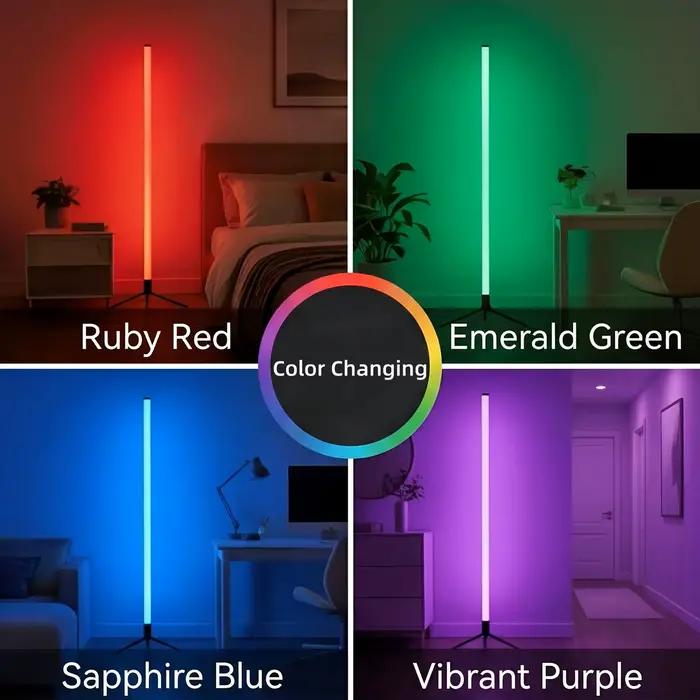 Lampe d'angle de sol RGB pour gaming avec corps en plastique et support trépied, lumière d'ambiance LED, synchronisation musicale via application, lampe sur pied à changement de couleur rythmique dyna