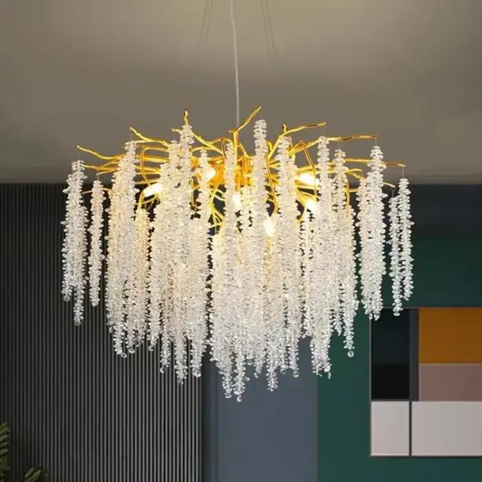 Lustre LED moderne de luxe en forme de branche dorée avec pampilles et cristaux, pour salle à manger, salon, décoration intérieure, luminaires d'ambiance