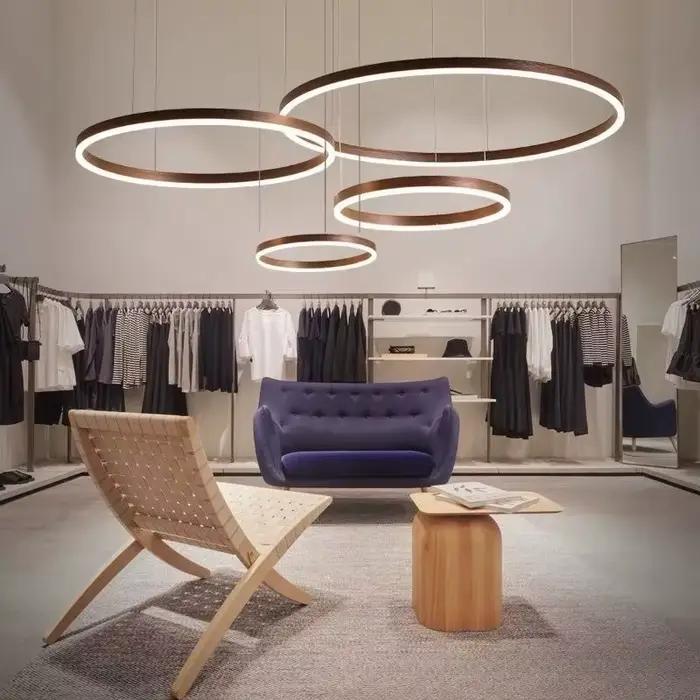 Anneaux en aluminium modernes lustres Simple acrylique pendentif LED lumières salon salle à manger maison Restaurant décor luminaires