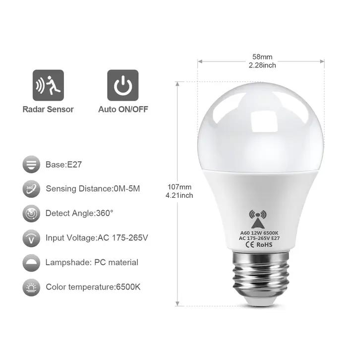 Ampoule LED de détection de Radar à micro-ondes, 220V E27, 12W, lampe à Induction de mouvement, Radar intégré/capteurs de lumière pour escaliers domestiques