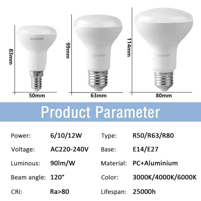 Ampoules LED E27 E14, 2 pièces, base R50 R63 R80, 10W, 220V, sans scintillement, lumière blanche froide 6000K, pour la maison, la salle de bain, le salon, utilisation intérieure