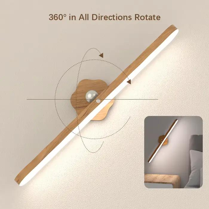 Lampe murale magnétique rotative, sans perçage 360° ° Lampe de chevet rotative, lampe de lecture LED à effet bois, blanc chaud/blanc froid