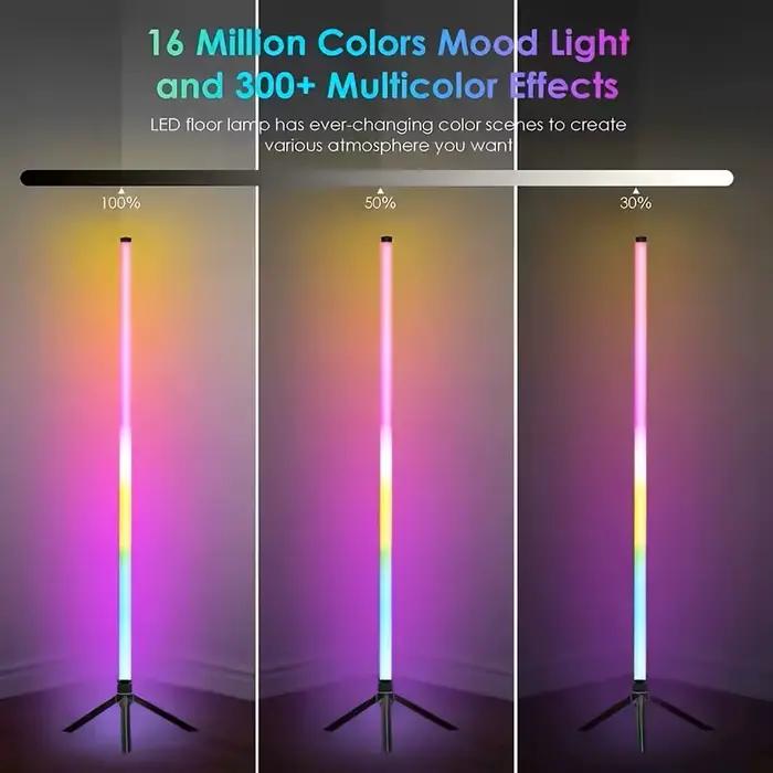Lampe d'angle de sol RGB pour gaming avec corps en plastique et support trépied, lumière d'ambiance LED, synchronisation musicale via application, lampe sur pied à changement de couleur rythmique dyna