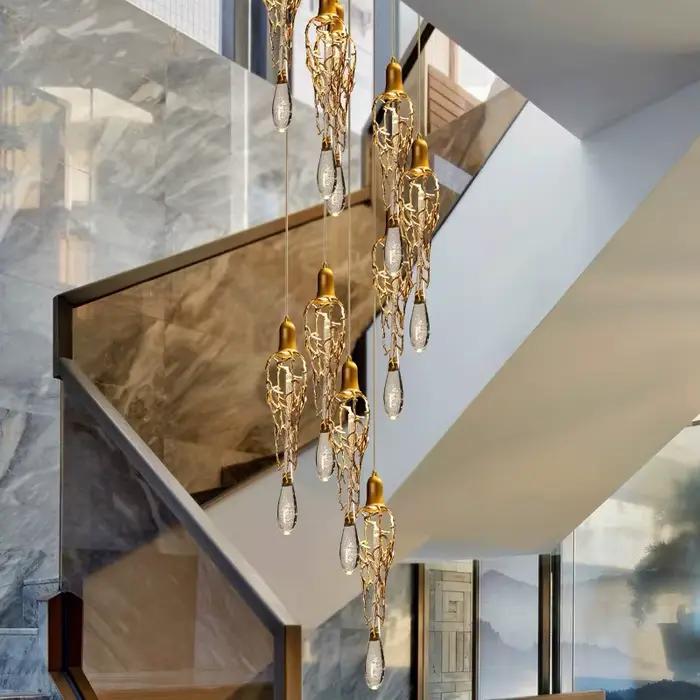 Vintage longue salle à manger suspension lustre moderne pour salon escalier branche Art Cage aluminium cristal suspension