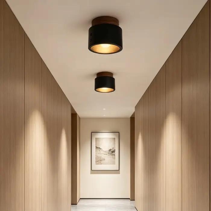 Plafonnier LED en travertin noir, luminaire rond en bois de style japonais pour salon, couloir, véranda, balcon, lumière en bois