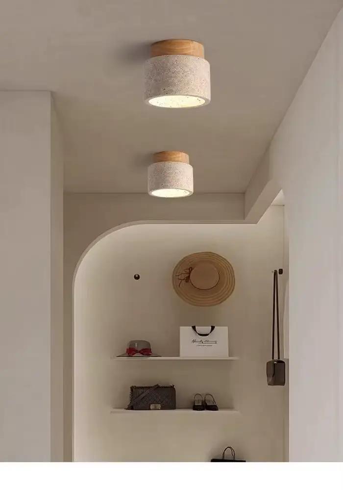 Plafonnier LED en travertin noir, luminaire rond en bois de style japonais pour salon, couloir, véranda, balcon, lumière en bois