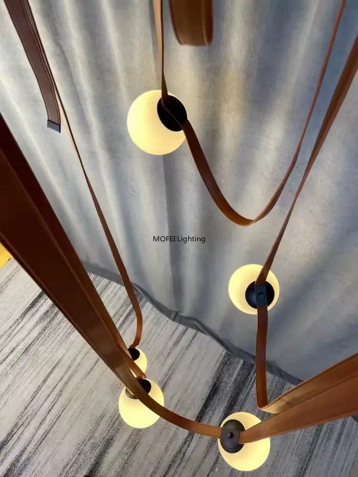 Lustre en cuir nordique, ceinture en cuir italien, escalier duplex, salon, hôtel, restaurant, décoration, lampes LED, luminaires suspendus