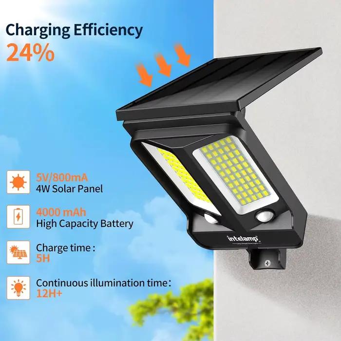 Lampe solaire d'extérieur intelamp avec deux capteurs de mouvement, projecteur de sécurité 4000mAh, étanche, pour jardin, garage, cour, chemin