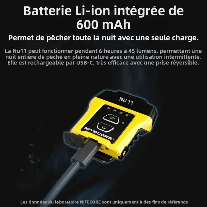 Lampe frontale NITECORE NU11, lampe à clipser sur casquette pour la pêche, lampe frontale de camping, lampe frontale de randonnée, lampe de poche pour l'escalade, lampe frontale tactile pour la course
