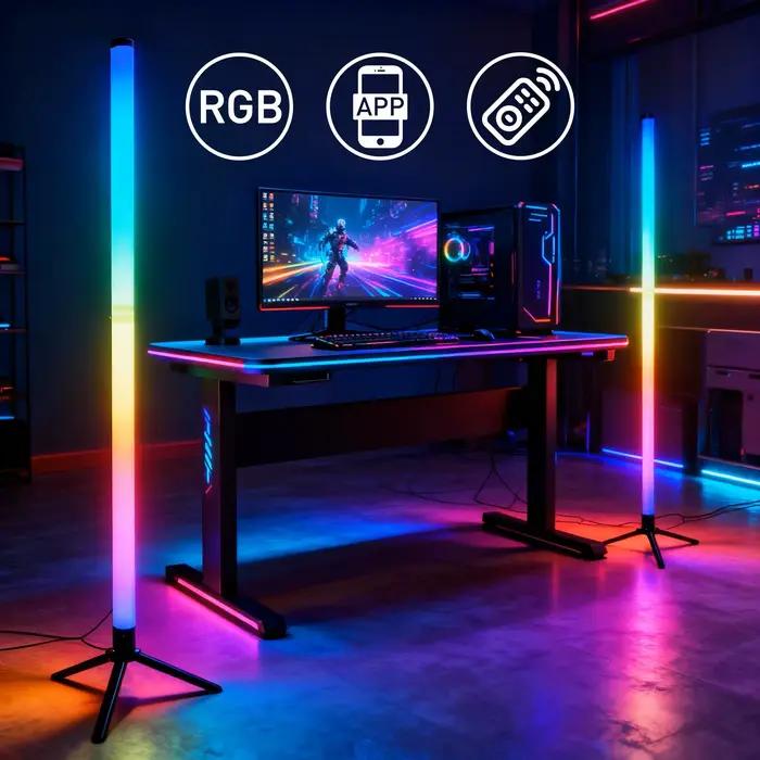 Lampe d'angle de sol RGB pour gaming avec corps en plastique et support trépied, lumière d'ambiance LED, synchronisation musicale via application, lampe sur pied à changement de couleur rythmique dyna