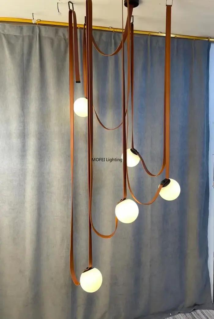Lustre en cuir nordique, ceinture en cuir italien, escalier duplex, salon, hôtel, restaurant, décoration, lampes LED, luminaires suspendus