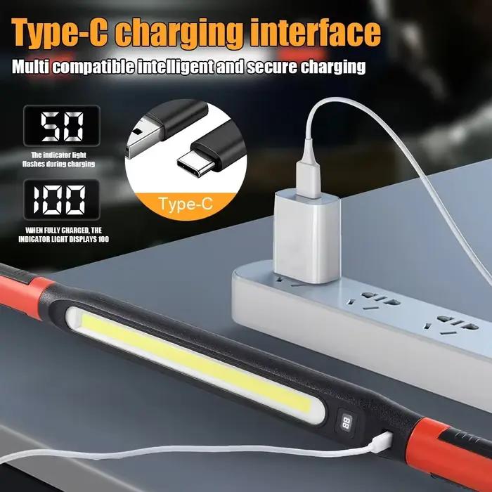 Lampe de travail mécanique à LED magnétique rechargeable par USB 360° ° Lampe torche pivotante pour réparation automobile, utilisation en garage, lampe d'urgence