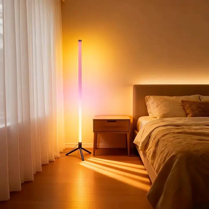 Lampe d'angle de sol RGB pour gaming avec corps en plastique et support trépied, lumière d'ambiance LED, synchronisation musicale via application, lampe sur pied à changement de couleur rythmique dyna