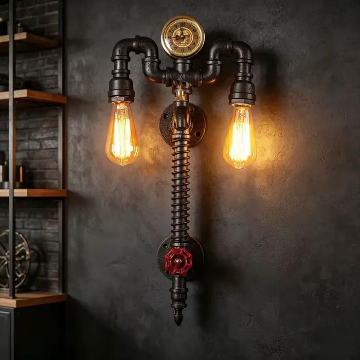 Applique murale industrielle avec horloge vintage, lampe murale rétro en fer pour bar, café, couloir, éclairage décoratif