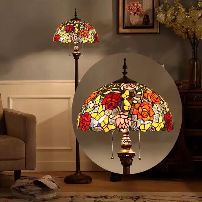 Lampadaire Tiffany en vitrail LED vintage en forme de champignon pour salon, chambre, villa américaine, bureau, lecture, lampe haute