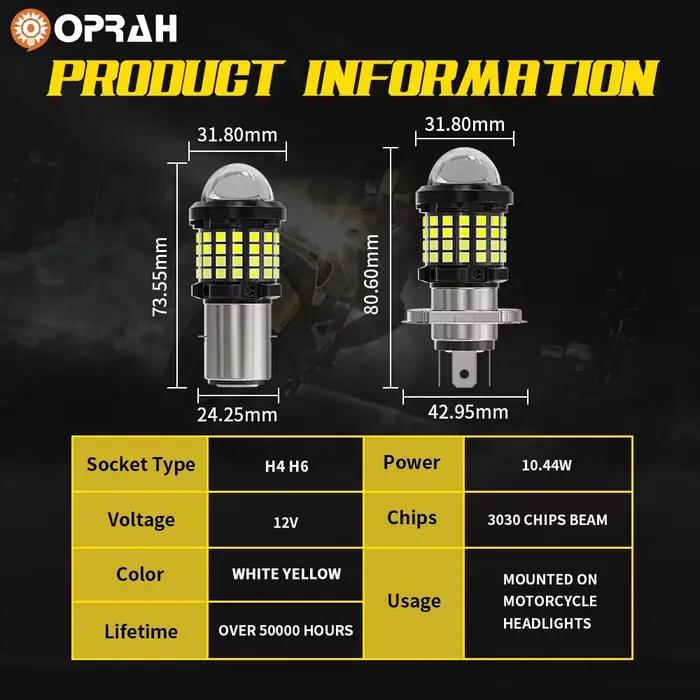 Oprah H4 LED ampoules de phares de Moto Super lumineuses 12V 4800LM 3030 Led Moto lumière salut Lo faisceau 6000K lampe blanche Canbus 9003 HB2