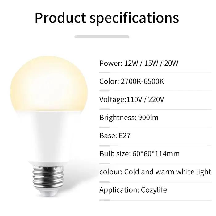 Ampoules LED intelligentes WiFi 220V 110V E27, application Cozylife 12W 15W 20W, lampe LED à intensité variable, blanc/chaud, Alexa Google Home, contrôle Vioce