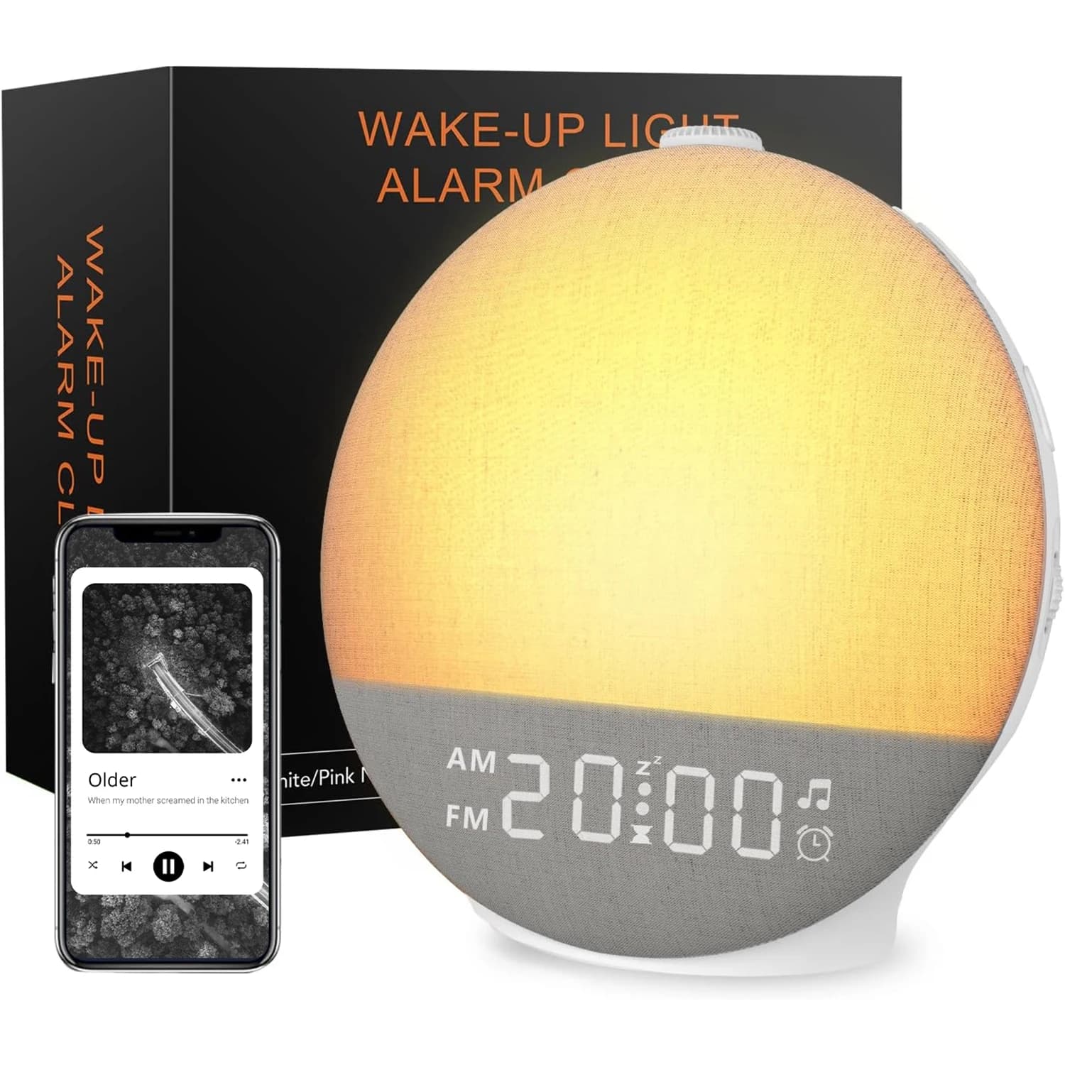 Réveil Lumière du Jour avec Son de Bruit Blanc, Haut-parleur Bluetooth, Lumières Nocturnes Changeant