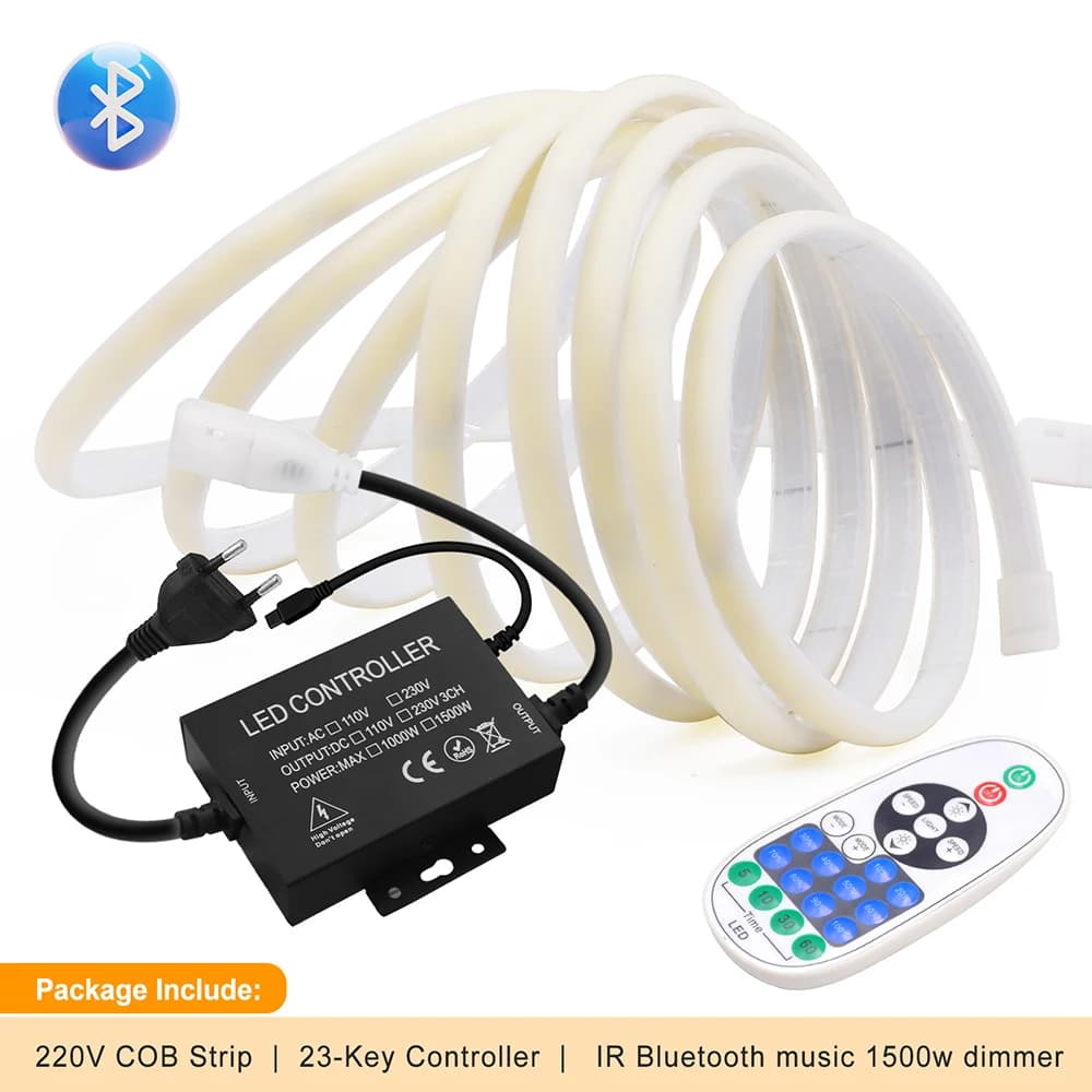 Bande lumineuse LED néon COB WIFI 220V, Bluetooth, tactile, télécommande 23 touches, contrôleur 1500
