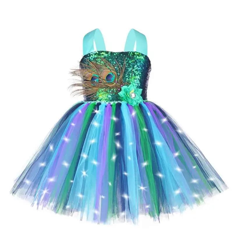 Costume de paon à lumière LED pour filles, robe tutu à paillettes et plumes de fleurs pour enfants,