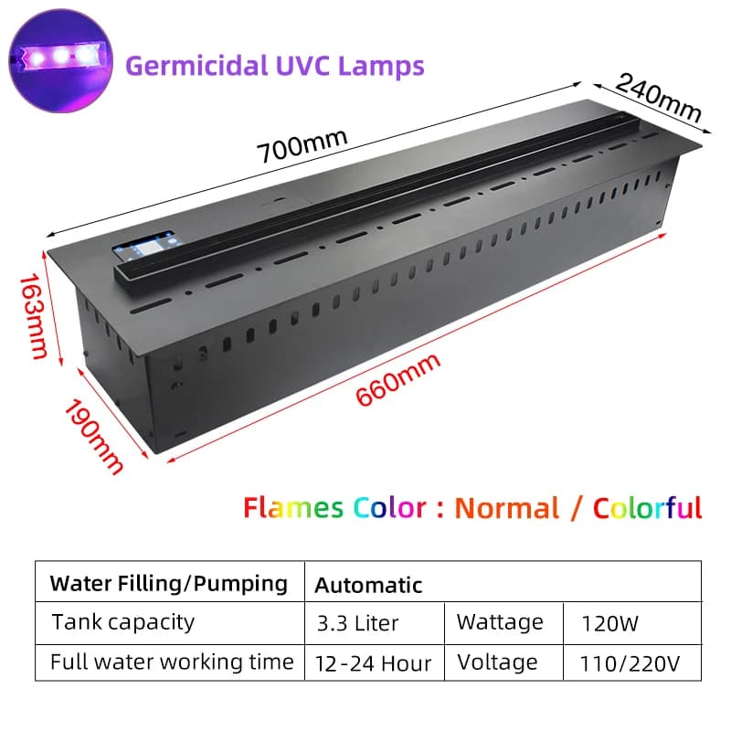 Cheminée à vapeur d'eau encastrée électrique avec flammes 3D colorées réglables, commande tactile/té