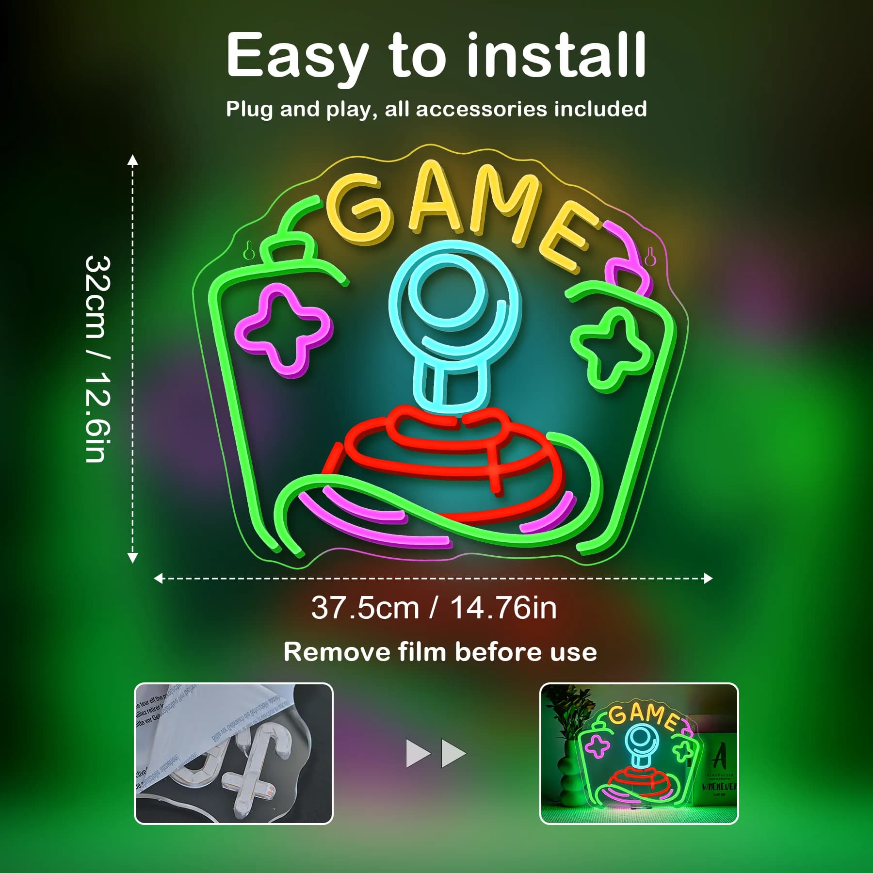 Enseigne au néon de jeu d'arcade, alimentée par USB, lumière LED pour garçons, chambre à coucher, gr
