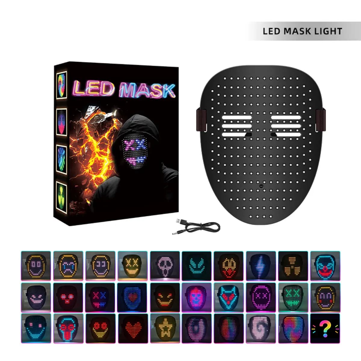 Masque néon LED sans fil qui brille dans le noir, masque d'horreur pour cosplay, masque de fête d'Ha