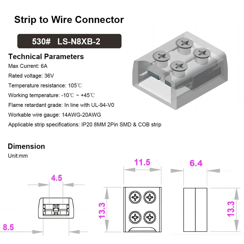 Connecteur de bande lumineuse LED sans soudure, 100 pièces, 24V/5A 2P L Type T avec fixation à vis 8