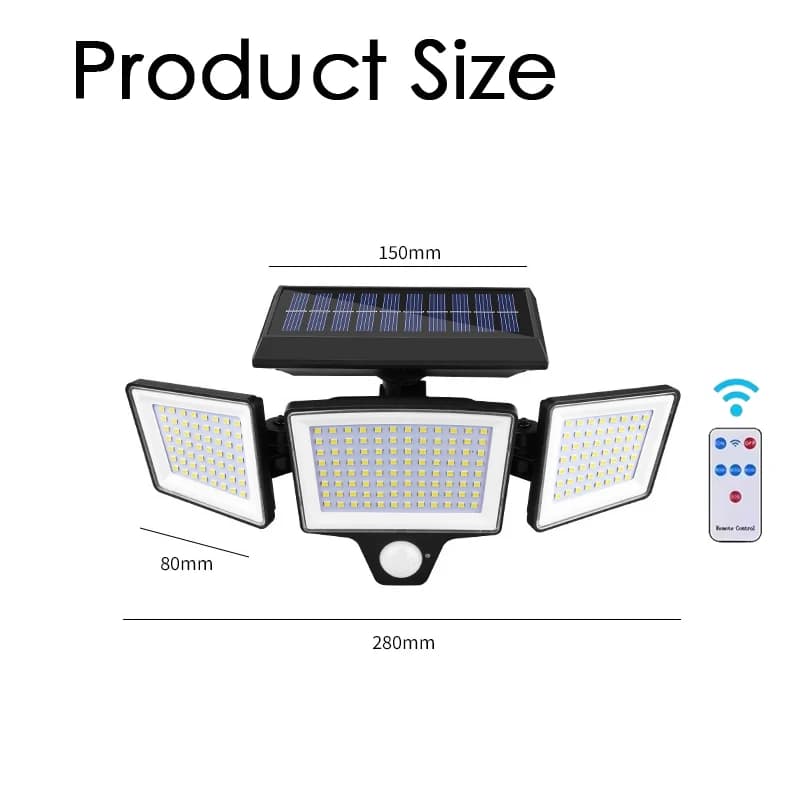 208LED lumières extérieures solaires lumières de sécurité avec télécommande 3 têtes capteur de mouve
