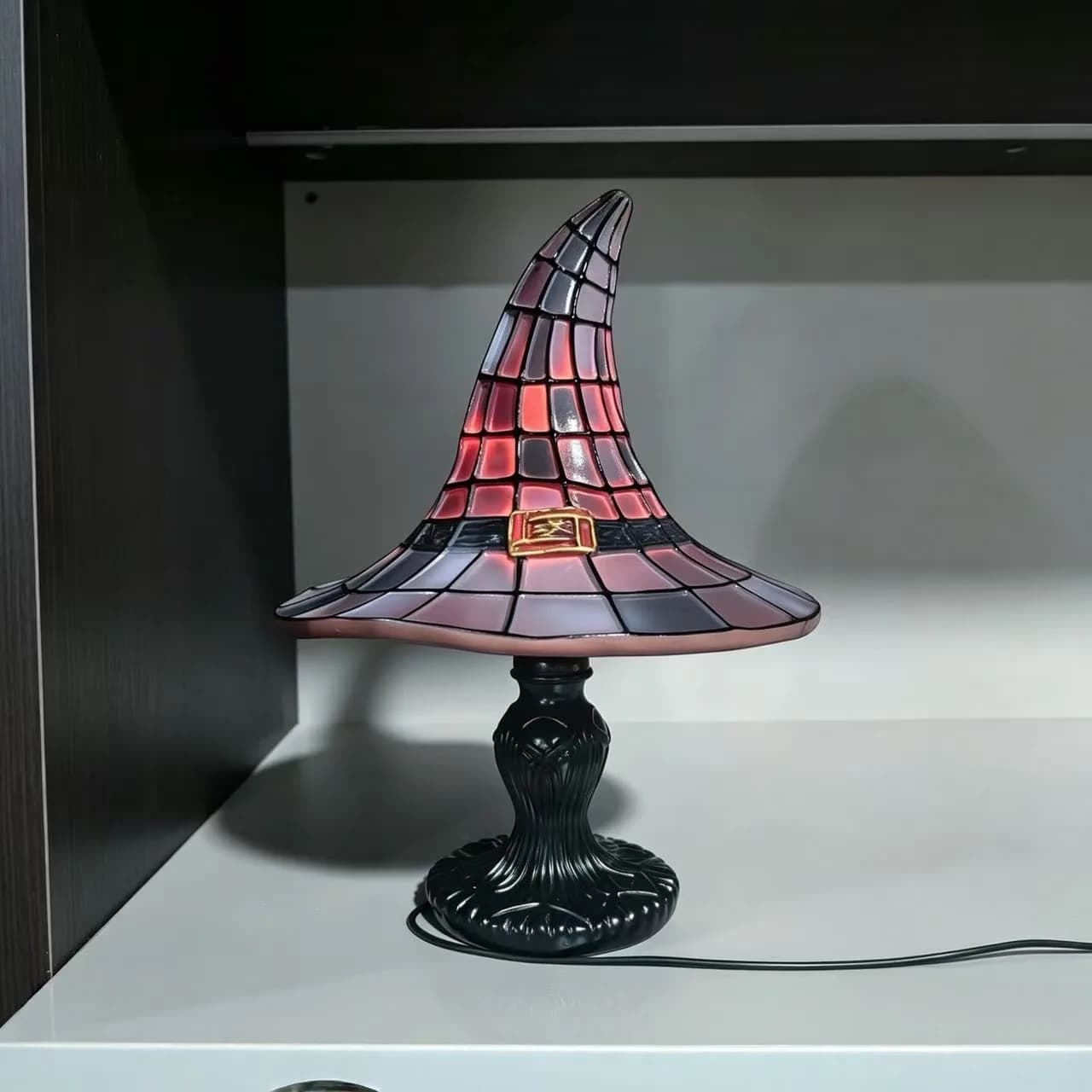 Lampe de table chapeau de sorcière teinté, faite à la main, style gothique, veilleuse LED, lampe déc