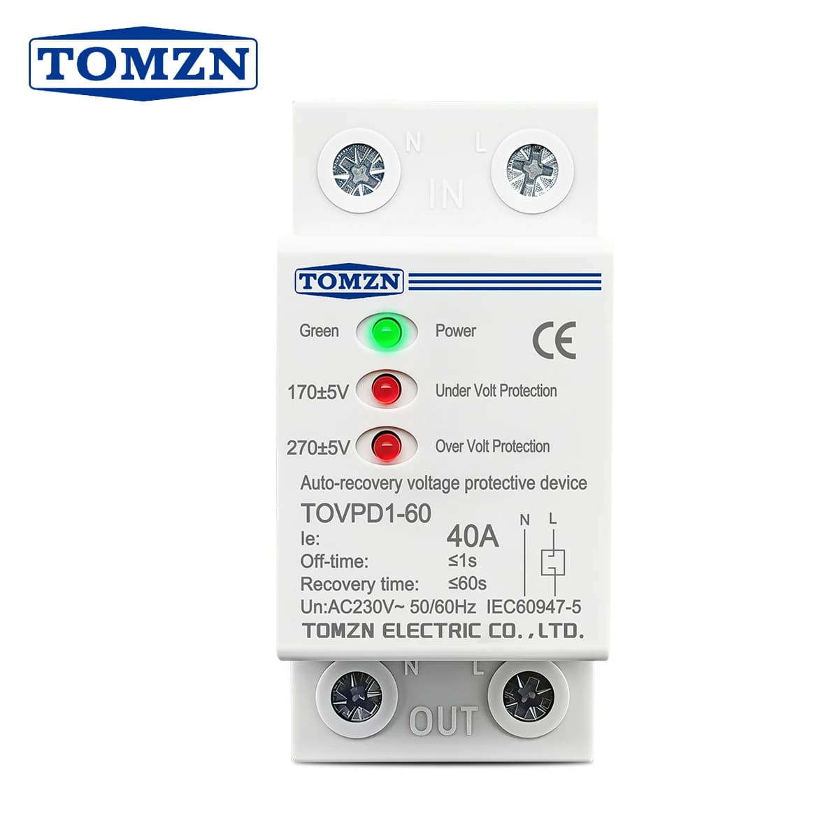 Dispositif de protection contre les surtensions/sous-tensions TOMZN DIN Rail 230VAC 40A 3LED avec in