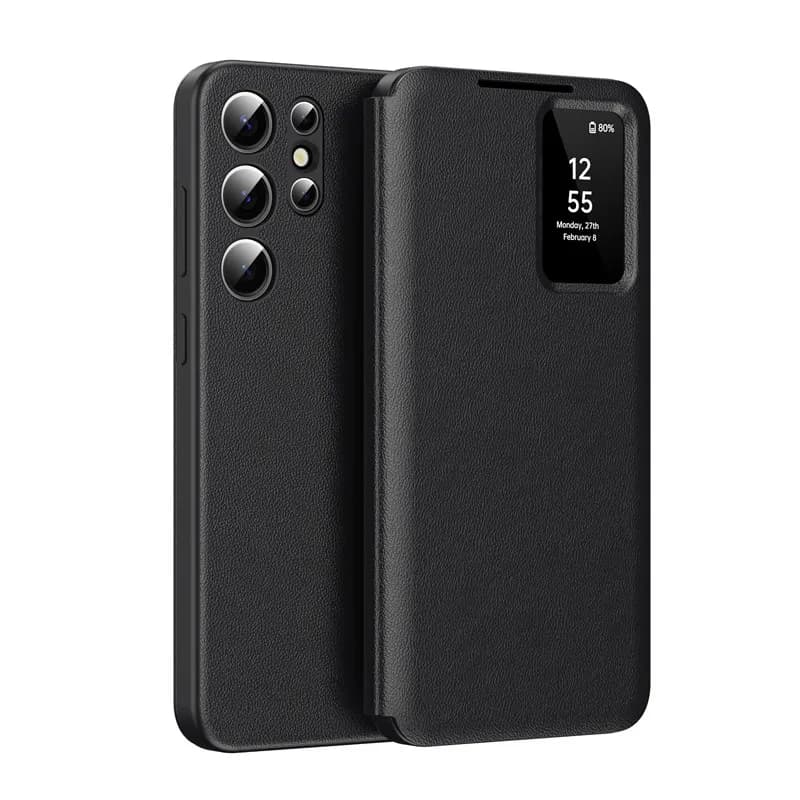Pour Samsung Galaxy S25 Ultra Smart View Window Case ELVEV Housse de réponse en cuir de qualité dura