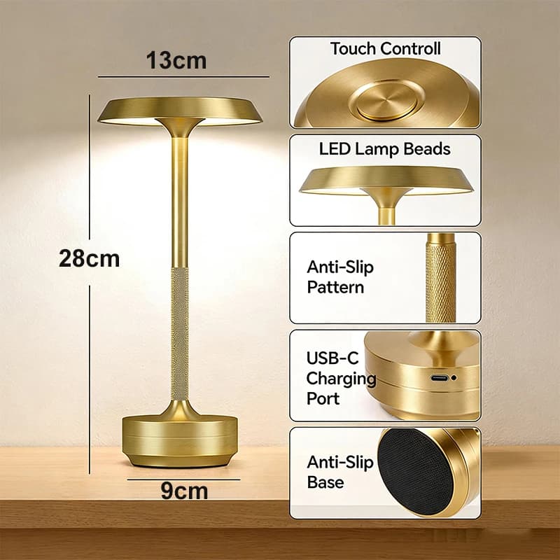Lampe de table LED rechargeable par USB, dorée/noire, veilleuse sans fil à capteur tactile, lampe de
