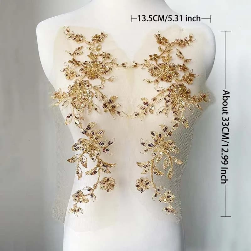 Appliques florales blanches et dorées à paillettes, à coudre, en tissu 3D, broderie de dentelle, fou
