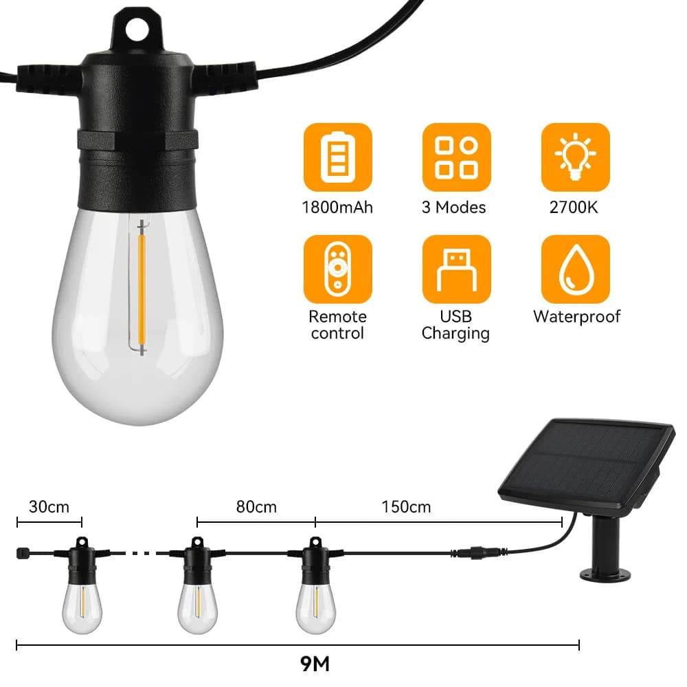 S14 chaîne solaire lumière led guirlande lumineuse extérieure étanche rétro suspendus guirlandes de