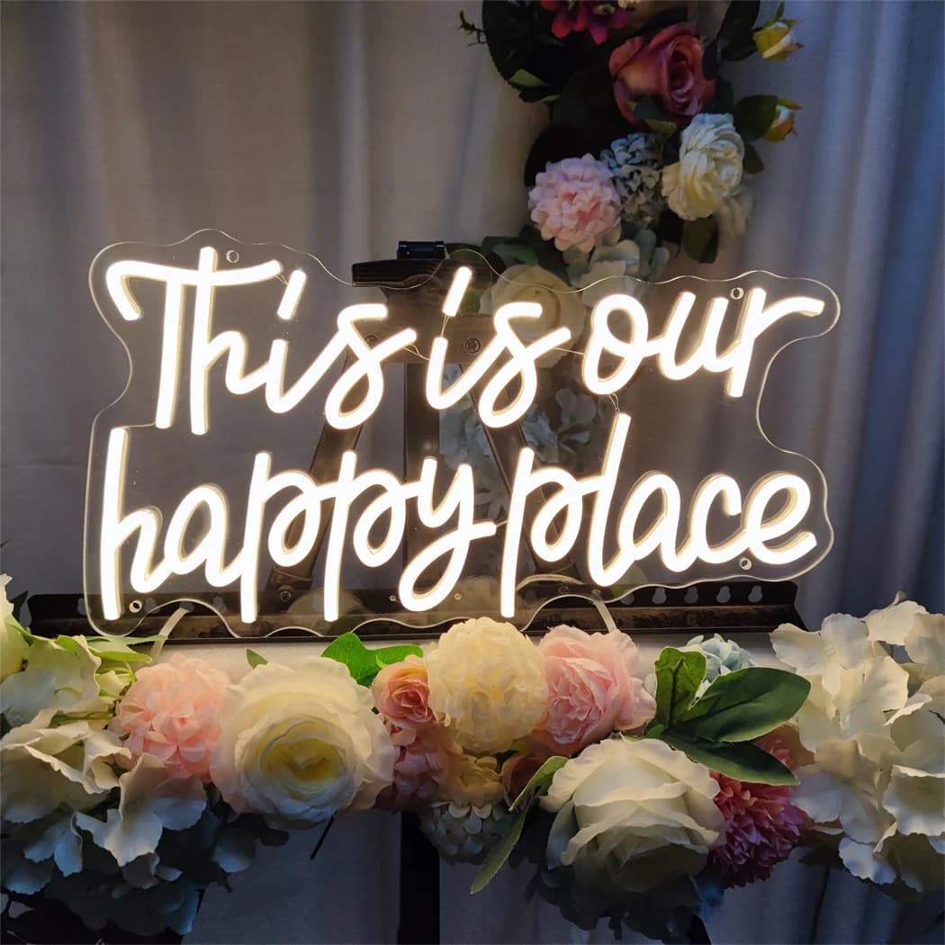 This is Our Happy Place Neon LED Signs for Wedding, Dimmable LED Signs for Wall Decor, Bedroom, Home