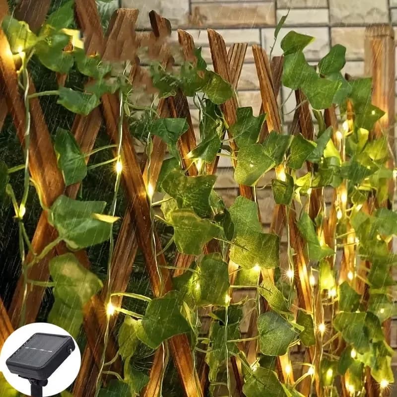 Guirlande lumineuse solaire LED en fil de cuivre avec feuilles vertes simulées, décoration d'ambianc