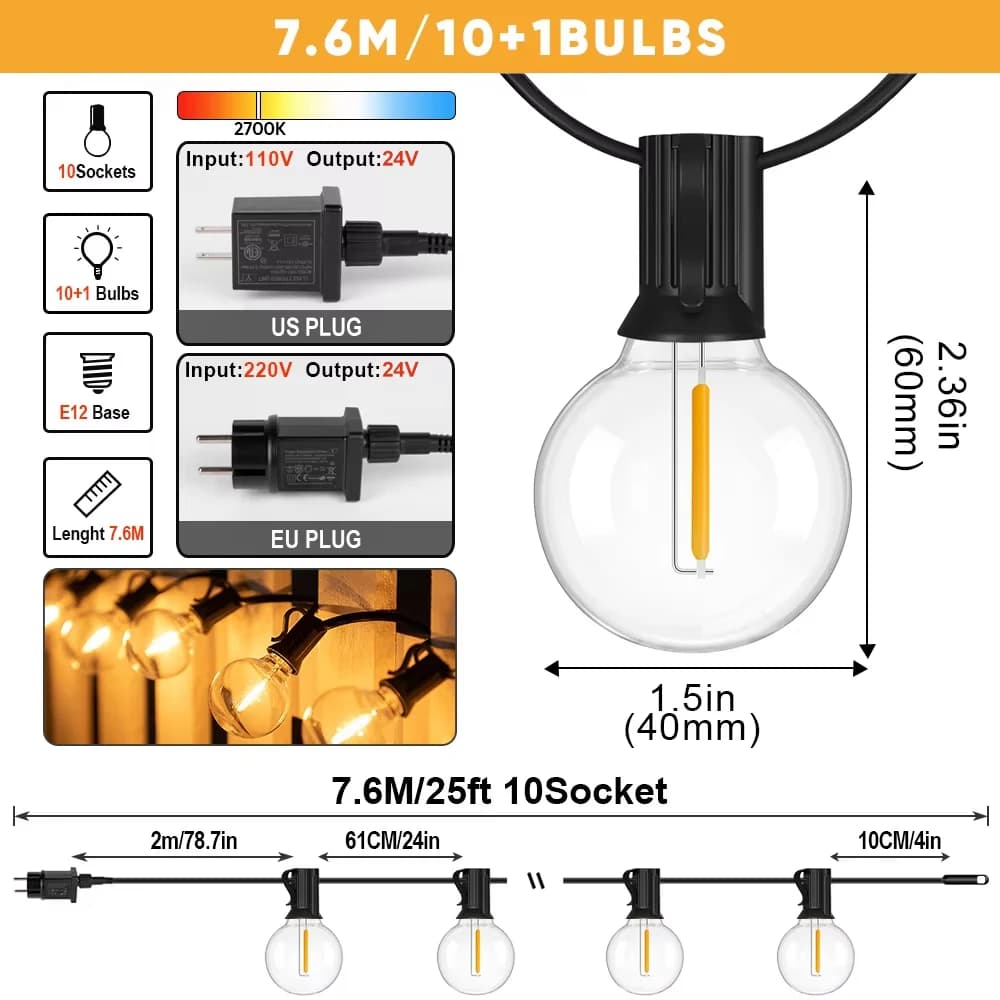 Guirlande lumineuse LED G40 E12 DC24V à large plage de tension, incassable, style vintage, pour pati