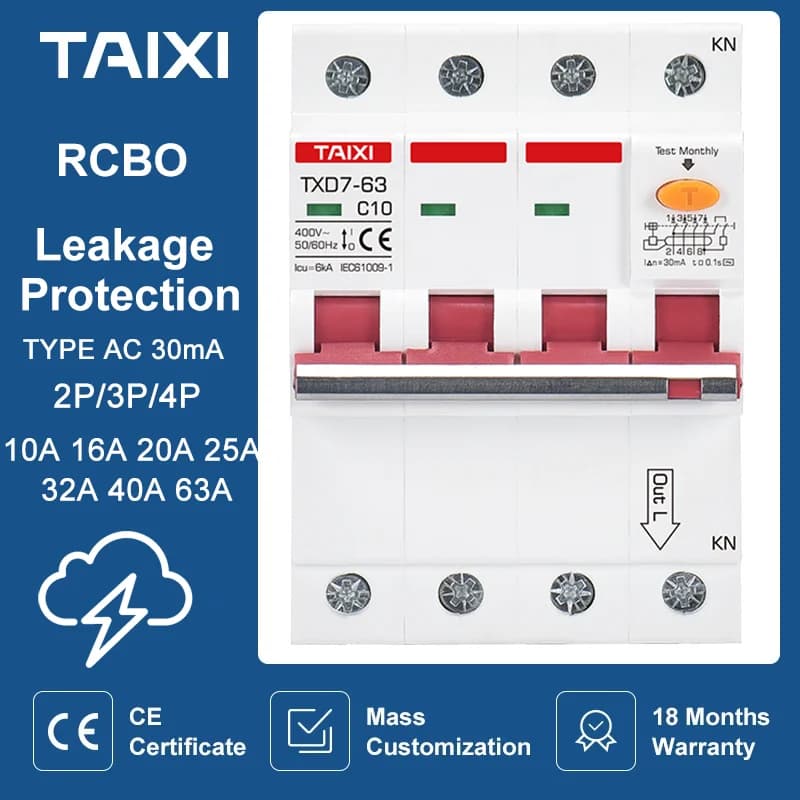 Disjoncteur à courant résiduel avec protection contre les surintensités, 220V 380V RCBO 10A 16A 20A